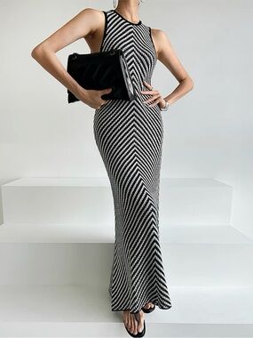 Black & White Knit Maxi Dress - Sleek Sleeveless Design